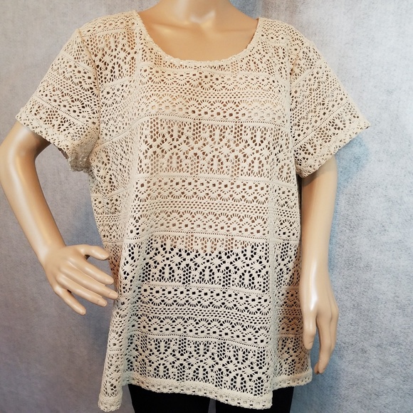 Chico's Tops - Chico's 3 beige sheer open lacy mesh blouse